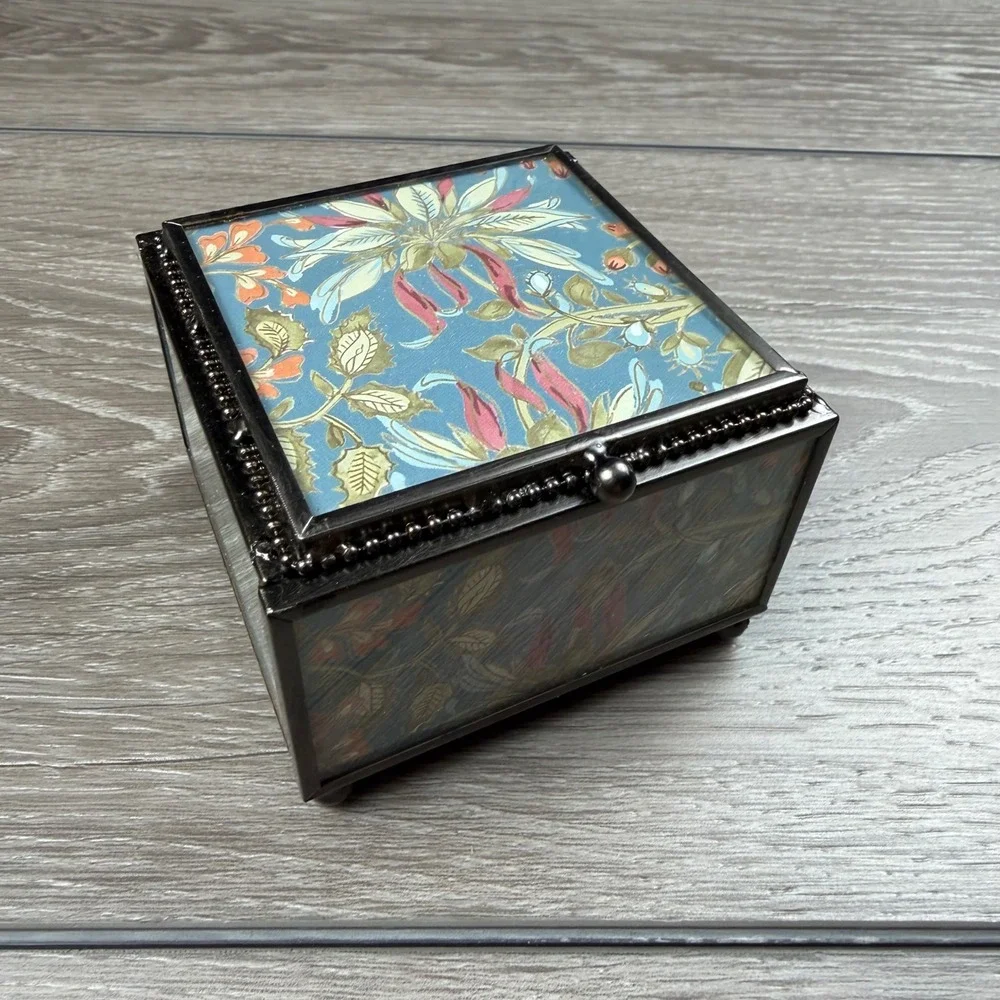 Pottery Barn Patterned Decal Glass Box Bird Floral Blue New
